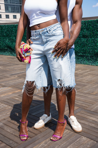 a' Distressed Denim Chain Shorts