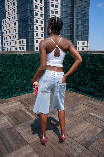 a' Distressed Denim Chain Shorts
